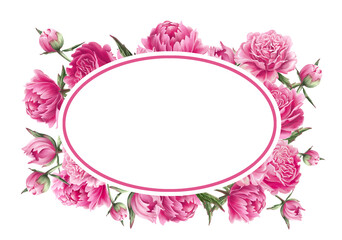 Digital oval pink frame of peonies, leaves and Buds