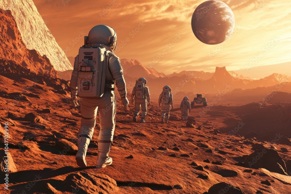 Poster a group of astronauts walk together across the rugged, red surface of mars as the sun sets, casting 