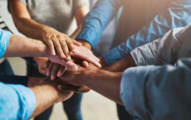 Hands, group and pile at office for support, solidarity or goal with connection at media company. Business people, teamwork and circle for synergy, link or cheers for motivation at creative agency