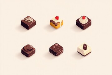 This design features six minimalist chocolate dessert icons, each representing distinct flavors.