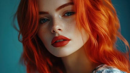 Fototapeta premium Radiant Redhead Woman with Freckles on Pink Background