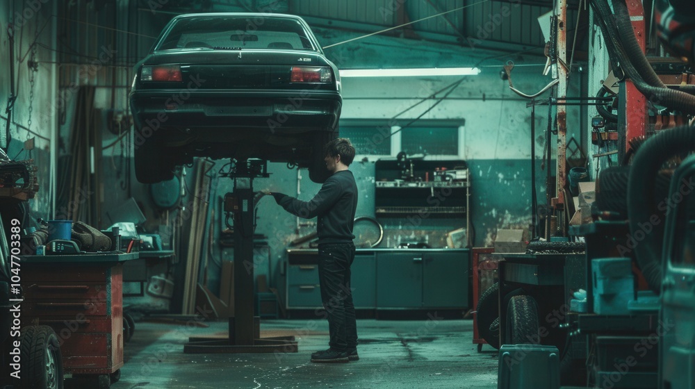 Aufkleber the mechanic inspects the underside of a lifted car in a busy garage, surrounded by tools and equipm