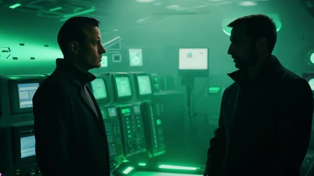 Two men engage in a tense standoff in a futuristic, neon-lit control room. One points accusingly at the other, who remains calm under the eerie green light.