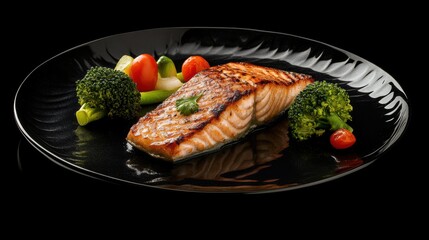 Seared grilled salmon fillet with broccoli and vegetables on a dark plate, healthy food