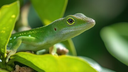 Fototapeta premium Vibrant Green Lizard on Fresh Coffee Plant Leaves