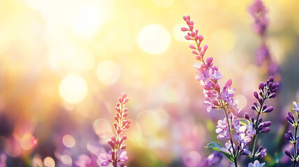 Fototapeta premium Delicate blossoms illuminated by warm sunlight in a vibrant spring garden at dusk