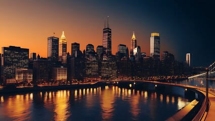Fototapeta premium New York City Skyline at Dusk: A captivating panoramic view of the iconic Manhattan skyline at dusk, with the glowing lights of the skyscrapers reflecting in the water.
