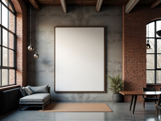 Industrial Loft Interior Mockup with Large-Scale Canvas in Metal Frame on Concrete Wall for Art Prints Display