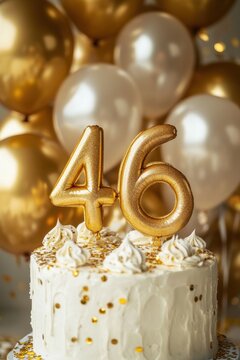 Elegant 46th Birthday Cake with Gold Balloons and Confetti