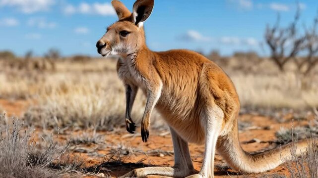 A kangaroo stands alert, showcasing its natural behavior in a vibrant spring landscape