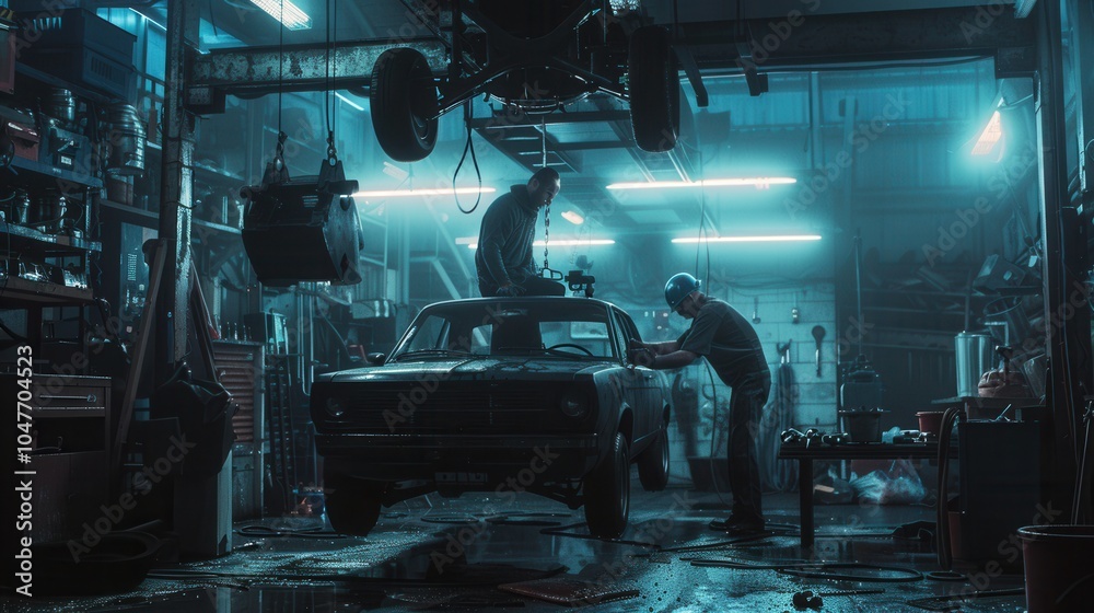 Aufkleber two mechanics are engaged in repairing a car lifted on a hoist in a dim garage filled with tools and