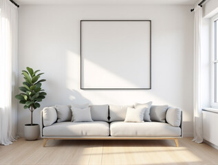 Large Empty Canvas Mockup in Minimalist White Frame on Bright Wall for Art Prints and Digital Artwork Insertion