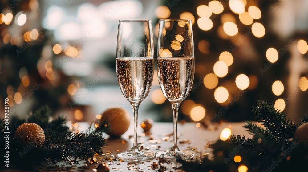 Poster two champagne flutes filled with sparkling wine stand on a table with golden confetti scattered arou