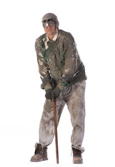 portrait of a poor old man in torn clothes on a white background