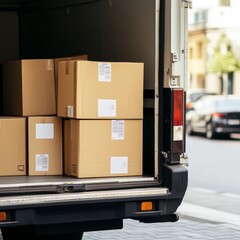 A delivery truck with several stacked cardboard boxes in the open cargo area.