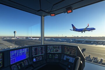 a modern and busy air traffic control room, outside of the large windows is a busy airport tarmac with a large royal blue jet taking off on a bright and sunny day