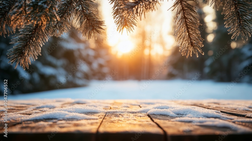 Aufkleber a wooden table blanketed in fresh snow sits beneath the branches of a pine tree, illuminated by the 