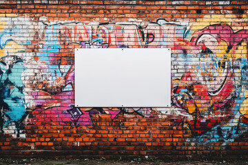 Fototapeta premium Mural de tijolos com graffiti colorido e espaço em branco para anúncios, em cenário urbano, criado por IA generativa.