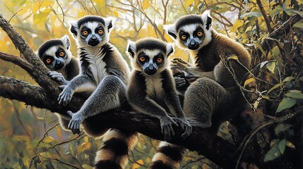 Obraz premium A group of lemurs playing in the trees, their long tails curling around branches