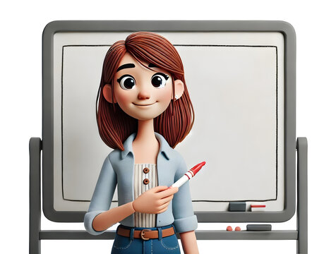 Personnage f&eacute;minin en p&acirc;te &agrave; modeler tenant un marqueur devant un tableau