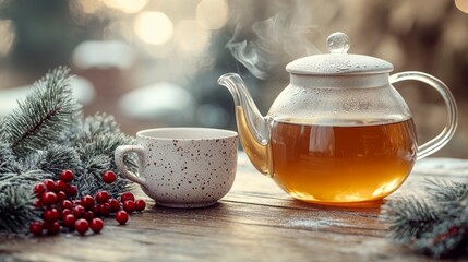 A clear teapot filled with steaming tea sits beside a speckled cup on a rustic wooden table. Bright red berries and evergreen branches add a festive touch to the cozy winter setting.