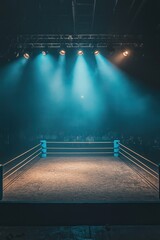 An empty wrestling ring spotlighted under bright lights, waiting for the match to begin.