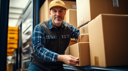 Caucasian male warehouse worker organizing boxes with a smile in a storage setting.