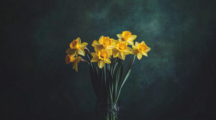 Fototapeta premium Bright yellow daffodils arranged in a glass vase against a dark background in springtime