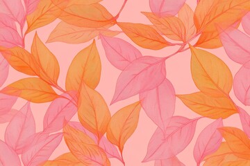 Fototapeta premium Vintage minimalist foliage pattern featuring light orange leaves on a pink background, ideal for home decor and stationery applications