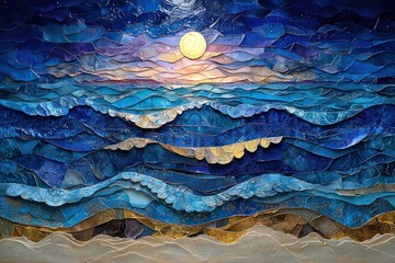 Abstract Mosaic Seascape with a Setting Sun
