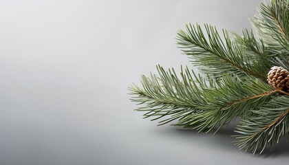 Obraz premium 配置されたスギの枝が、柔らかいグレーの背景によって、冬のシンプルで落ち着いた雰囲気を強調するデザインです。