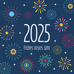 2025 Frohes neues Jahr - Schriftzug in deutscher Sprache. Quadratische Gru&szlig;karte mit buntem Feuerwerk.