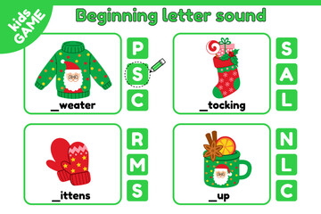 Christmas kids activities page. Cards matching educational game of beginning letter sound. Write the missing letter. Task spelling training English words. Xmas sweater, stocking, cup, mittens. Vector.