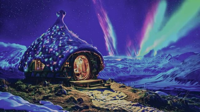 A small wooden shack house nestled in a snowy landscape under the vibrant glow of the aurora, its warm light casting a cozy glow against the cold night."