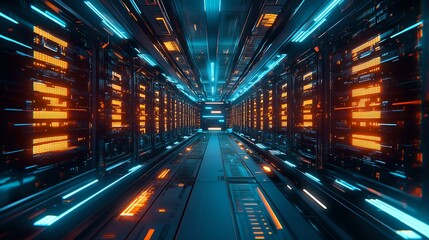 Information traveling through the data center storage in blue and orange colors. Cloud computer system internet infrastructure room, cybersecurity, telecommunication cluster, rack hardware technology