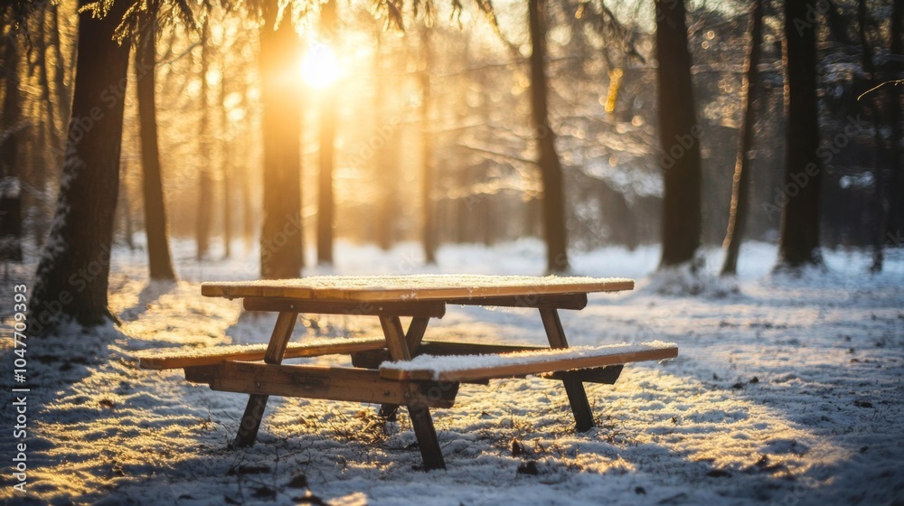 Aufkleber A wooden picnic table rests in a snowy forest, blanketed by a soft layer of snow. The sun sets in the background, casting a warm glow through the trees, creating a serene winter atmosphere.