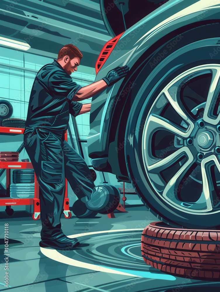Poster An experienced mechanic is in a garage adjusting and changing tires on a car, surrounded by tools and vehicle equipment. Generative AI
