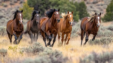 Fototapeta premium A group of wild horses galloping freely across an open plain, their manes flowing in the wind 