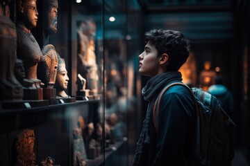 Fototapeta premium A young explorer gazes thoughtfully at ancient artifacts in a museum. The ambiance captures curiosity and wonder. Discover history through this moment. Generative AI