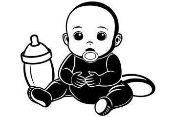 baby with a feeding bottle and a pacifier, white background