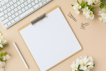 Clipboard with Blank Paper and Keyboard on Pastel Background