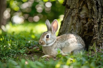 Fototapeta premium A rabbit sits in the grass next to a tree, waiting for its next move