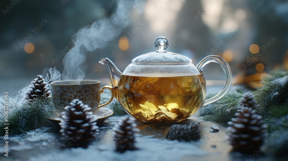 Poster a glass teapot sits on a table with a cup of tea next to it. the teapot and cup are surrounded by pi