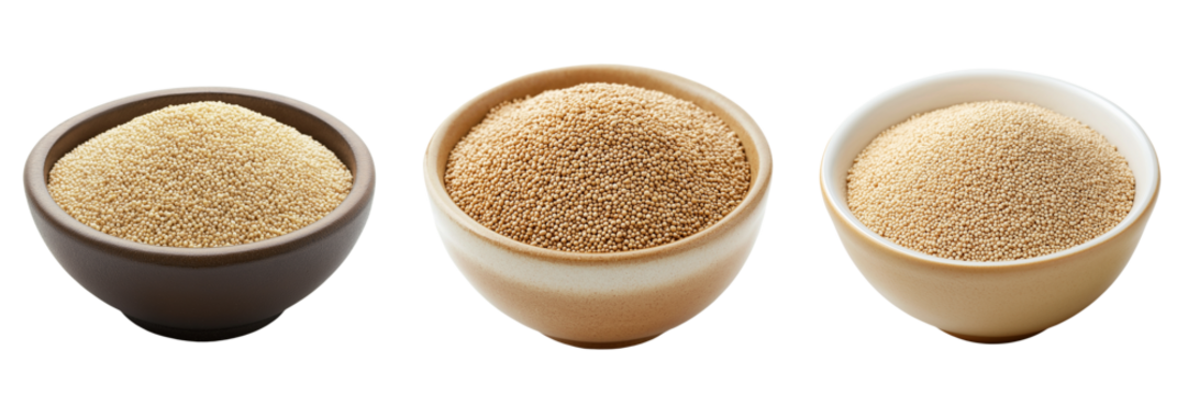 A bowl filled with raw amaranth grains, showcasing their small, round texture, isolated on a transparent background