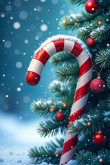 Close-up of a candy cane with snowflakes falling around it, set against the backdrop of a Christmas tree adorned with red and white ornaments.