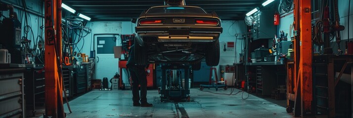 A mechanic is focused on repairing a classic car elevated on a hoist in a well-equipped automotive workshop, illuminated by overhead lights. Generative AI