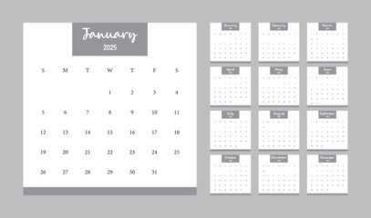 Calendar 2025, Calendar Set for 2025 year, Minimalist clean square layout, Calendar 2025 week start Sunday