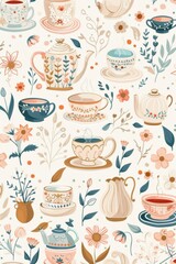 Floral Tea Party Wallpaper Design with Pastel Teacups and Pots