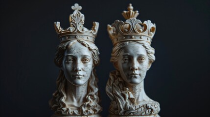 Obraz premium Two statues adorned with crowns, sitting in a decorative setting