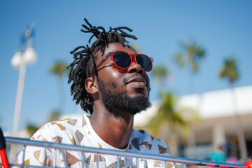 A man with dreadlocks and sunglasses sitting in a shopping cart, possibly abandoned or forgotten